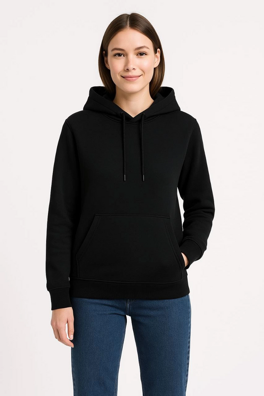 Kadın Üç İplik Pamuklu Kapüşonlu Kanguru Cepli Sweatshirt hoodie - Siyah