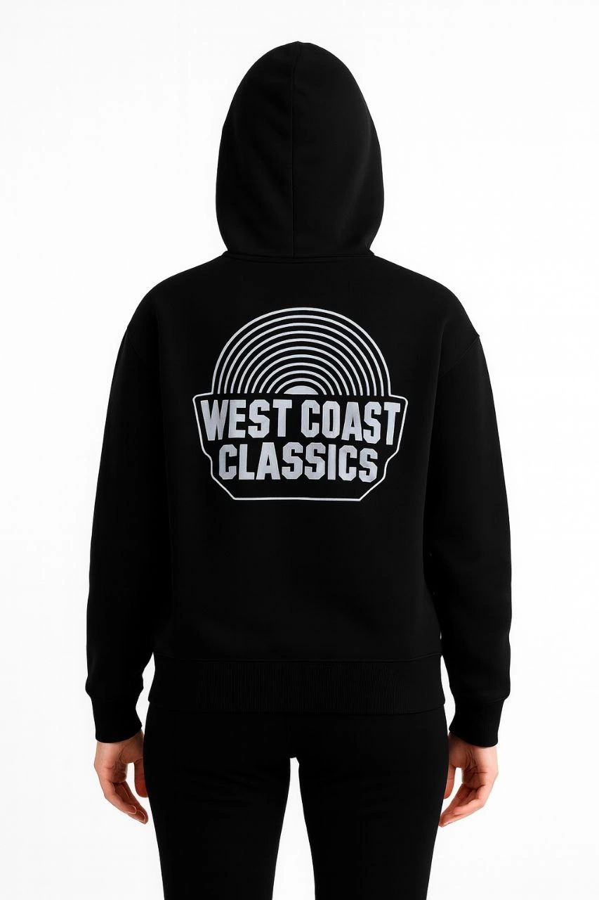 Kadın Kapşonlu Sweatshirt Üç İplik Pamuklu Ön Arka Baskılı hoodie - Siyah