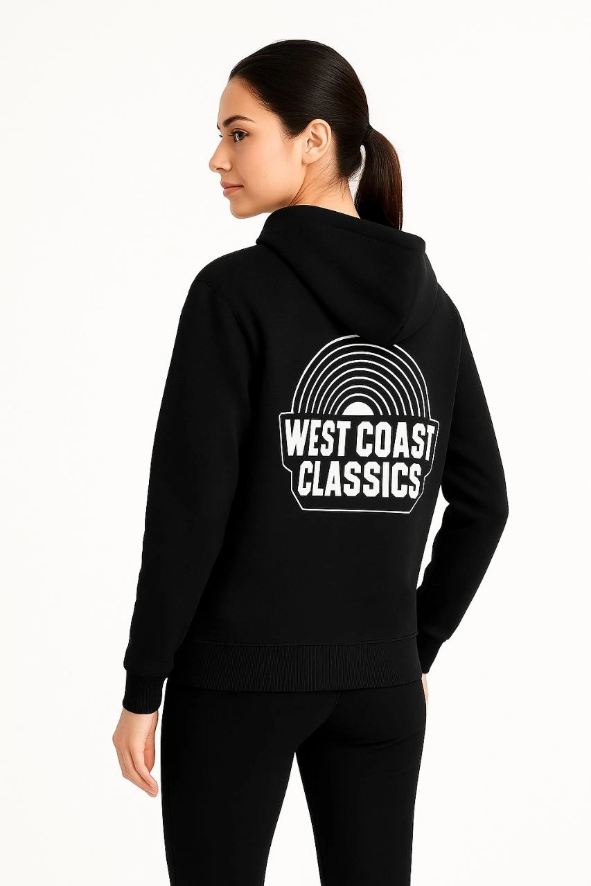 Kadın Kapşonlu Sweatshirt Üç İplik Pamuklu Ön Arka Baskılı hoodie - Siyah