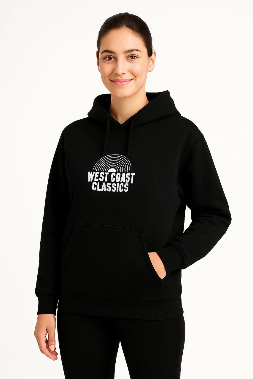Kadın Kapşonlu Sweatshirt Üç İplik Pamuklu Ön Arka Baskılı hoodie - Siyah