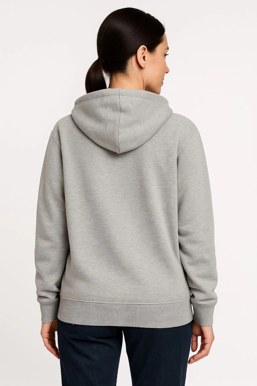 Kadın Üç İplik Pamuklu Kapüşonlu Tam Fermuarlı Kanguru Cepli Sweatshirt Hoodie - - Gri
