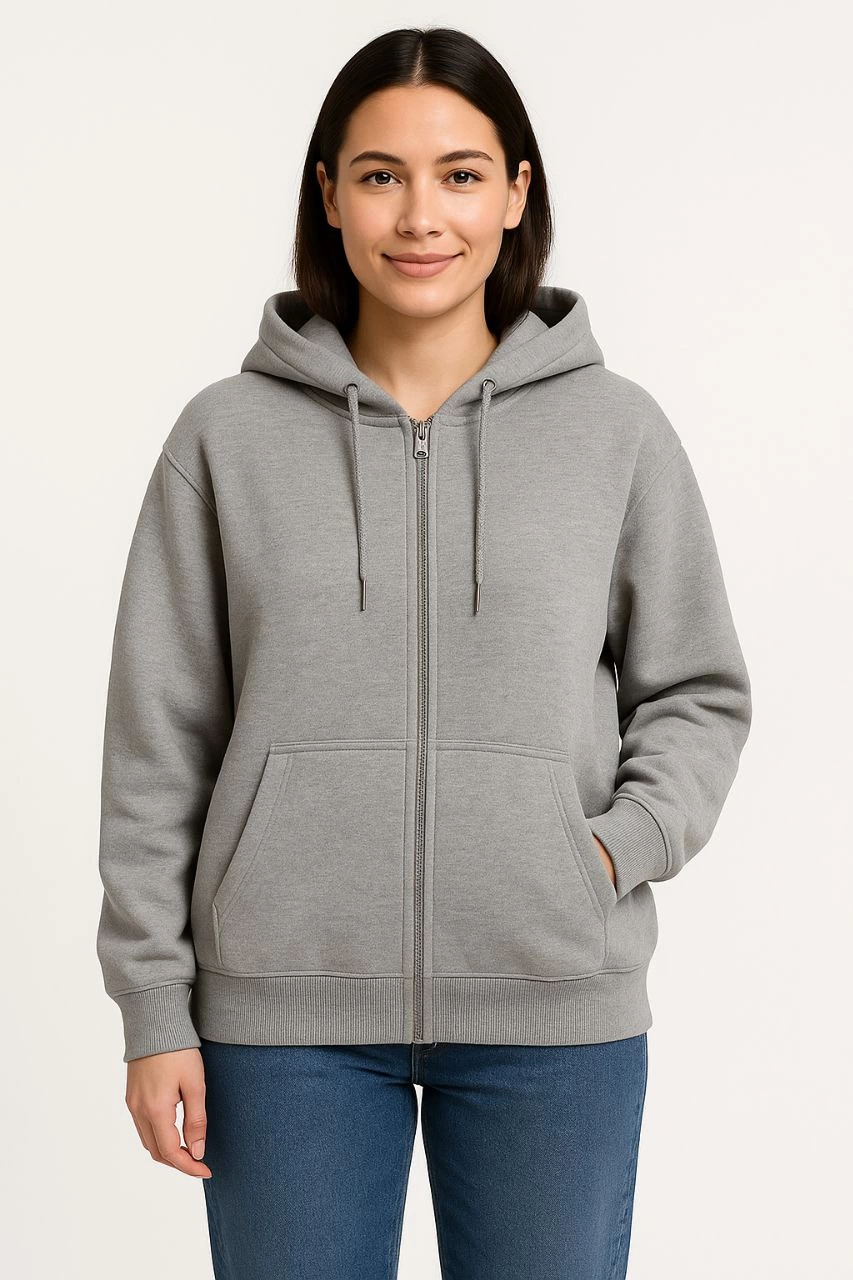 Kadın Üç İplik Pamuklu Kapüşonlu Tam Fermuarlı Kanguru Cepli Sweatshirt Hoodie - - Gri