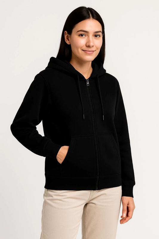 Kadın Üç İplik Pamuklu Kapüşonlu Tam Fermuarlı Kanguru Cepli Sweatshirt Hoodie -   Siyah