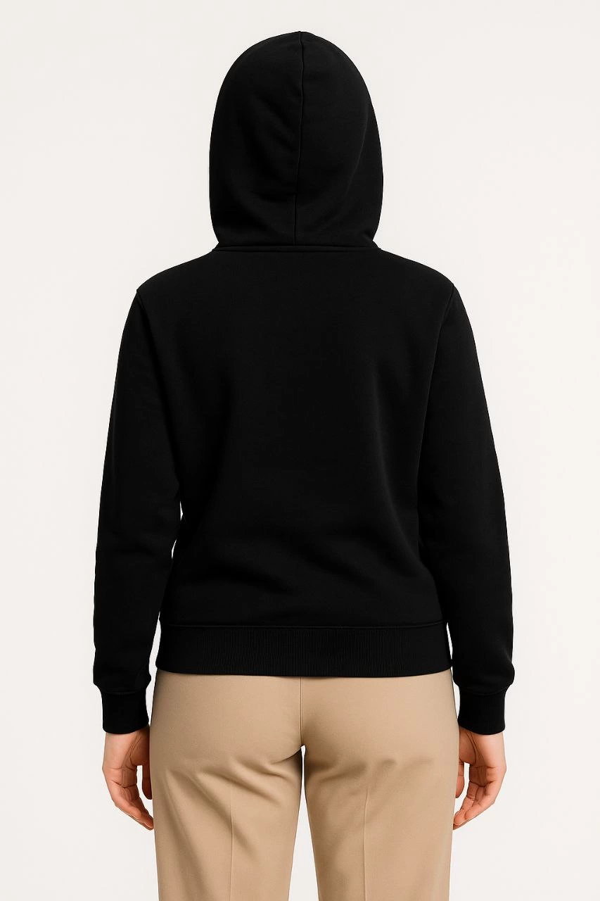 Kadın Üç İplik Pamuklu Kapüşonlu Tam Fermuarlı Kanguru Cepli Sweatshirt Hoodie -   Siyah