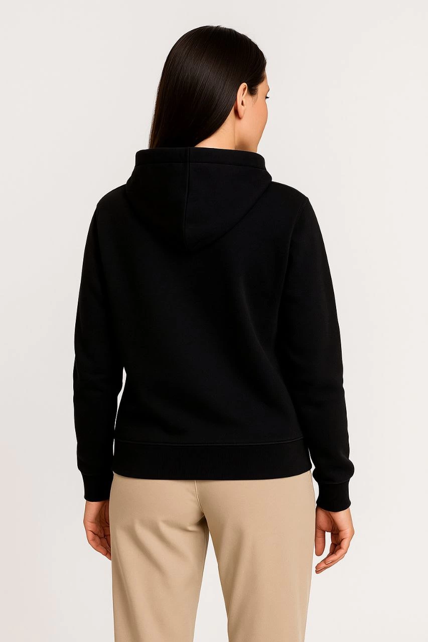 Kadın Üç İplik Pamuklu Kapüşonlu Tam Fermuarlı Kanguru Cepli Sweatshirt Hoodie -   Siyah