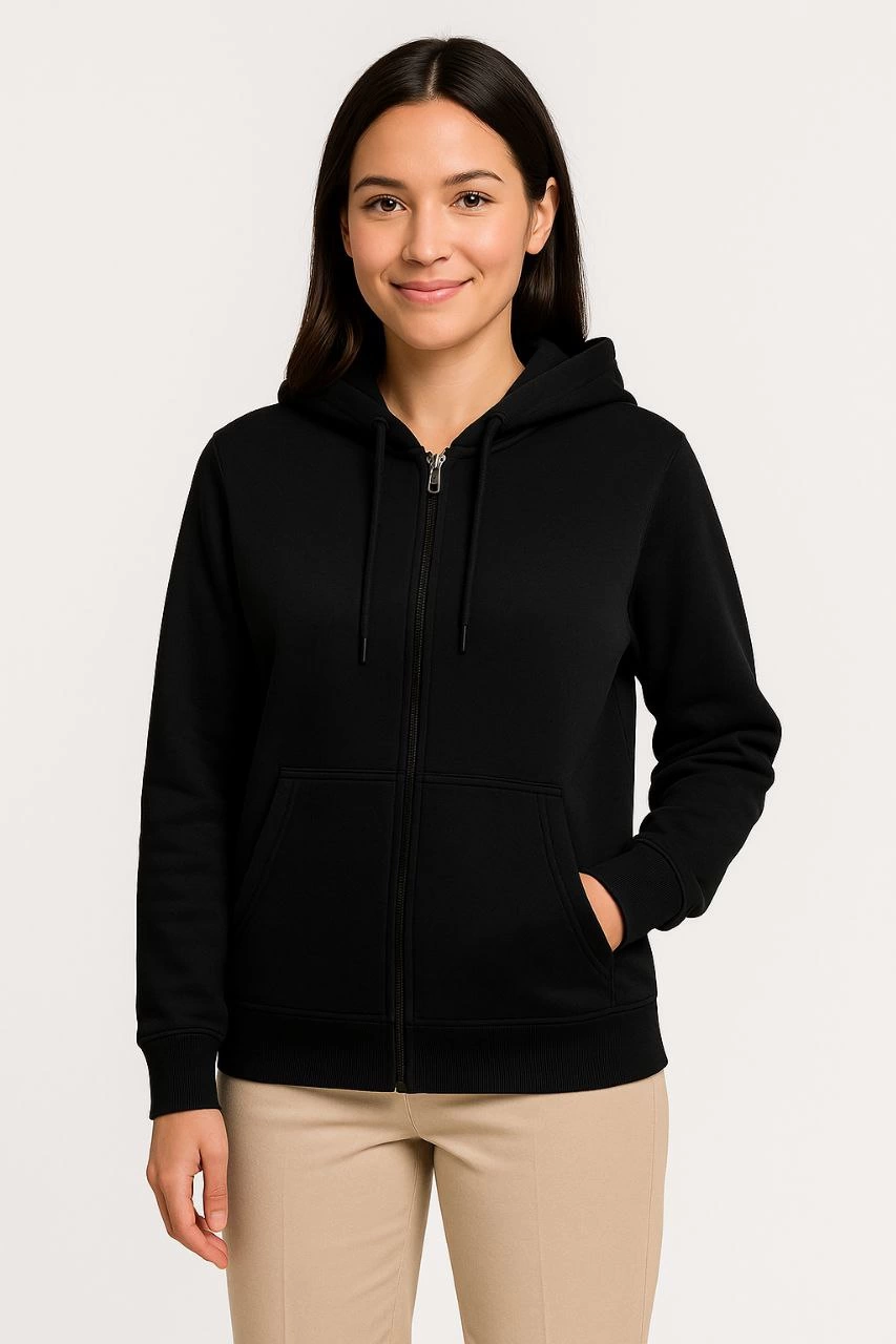 Kadın Üç İplik Pamuklu Kapüşonlu Tam Fermuarlı Kanguru Cepli Sweatshirt Hoodie -   Siyah