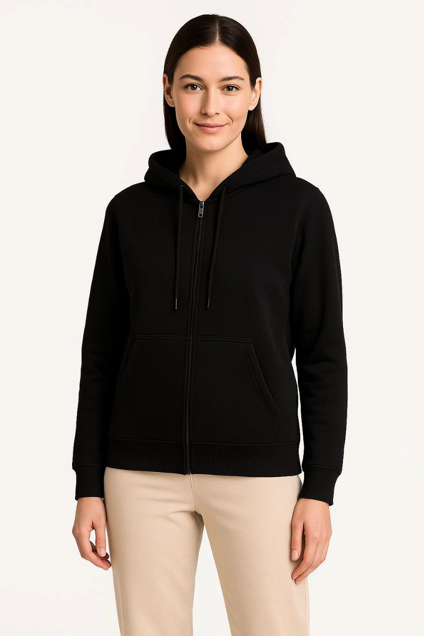 Kadın Üç İplik Pamuklu Kapüşonlu Tam Fermuarlı Kanguru Cepli Sweatshirt Hoodie -   Siyah