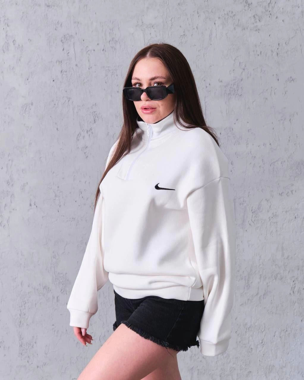 Kadın Yarım Fermuarlı Üç iplik Şardonlu Pamuklu Sweatshirt - Beyaz