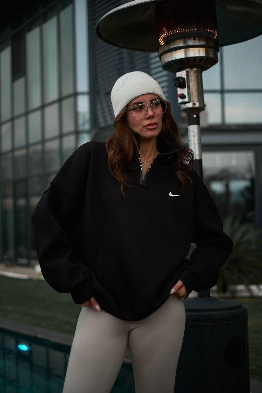 Kadın Yarım Fermuarlı Üç iplik Şardonlu Pamuklu Sweatshirt - Siyah