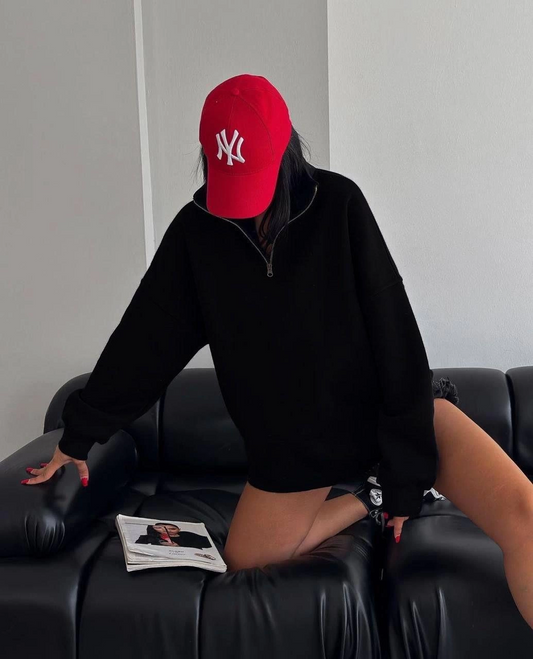 Kadın Yarım Fermuarlı Üç İplik Sweatshirt - Siyah