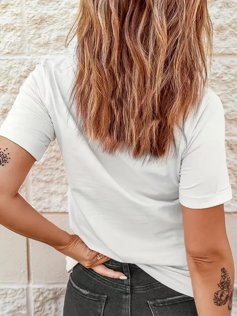 Kadın Kalp Baskılı T-Shirt Kısa Kol Bisiklet Yaka  Ovarsize Rahat Kalıp Günlük Tişört  - Beyaz