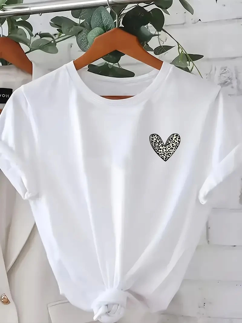 Kadın Kalp Baskılı T-Shirt Kısa Kol Bisiklet Yaka  Ovarsize Rahat Kalıp Günlük Tişört  - Beyaz