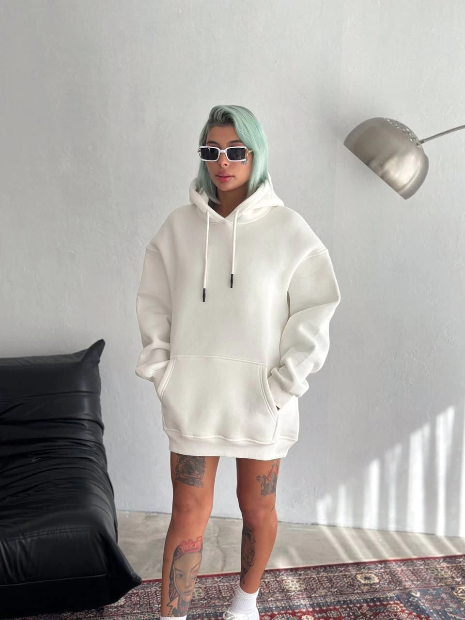 Kadın Kapüşonlu Üç İplik Penye Basic SweatShirt - Beyaz