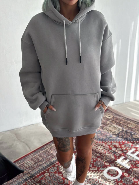 Kadın Kapüşonlu Üç İplik Penye Basic SweatShirt - Boyalı Gri
