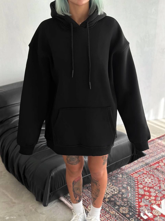 Kadın Kapüşonlu Üç İplik Penye Basic SweatShirt - Siyah