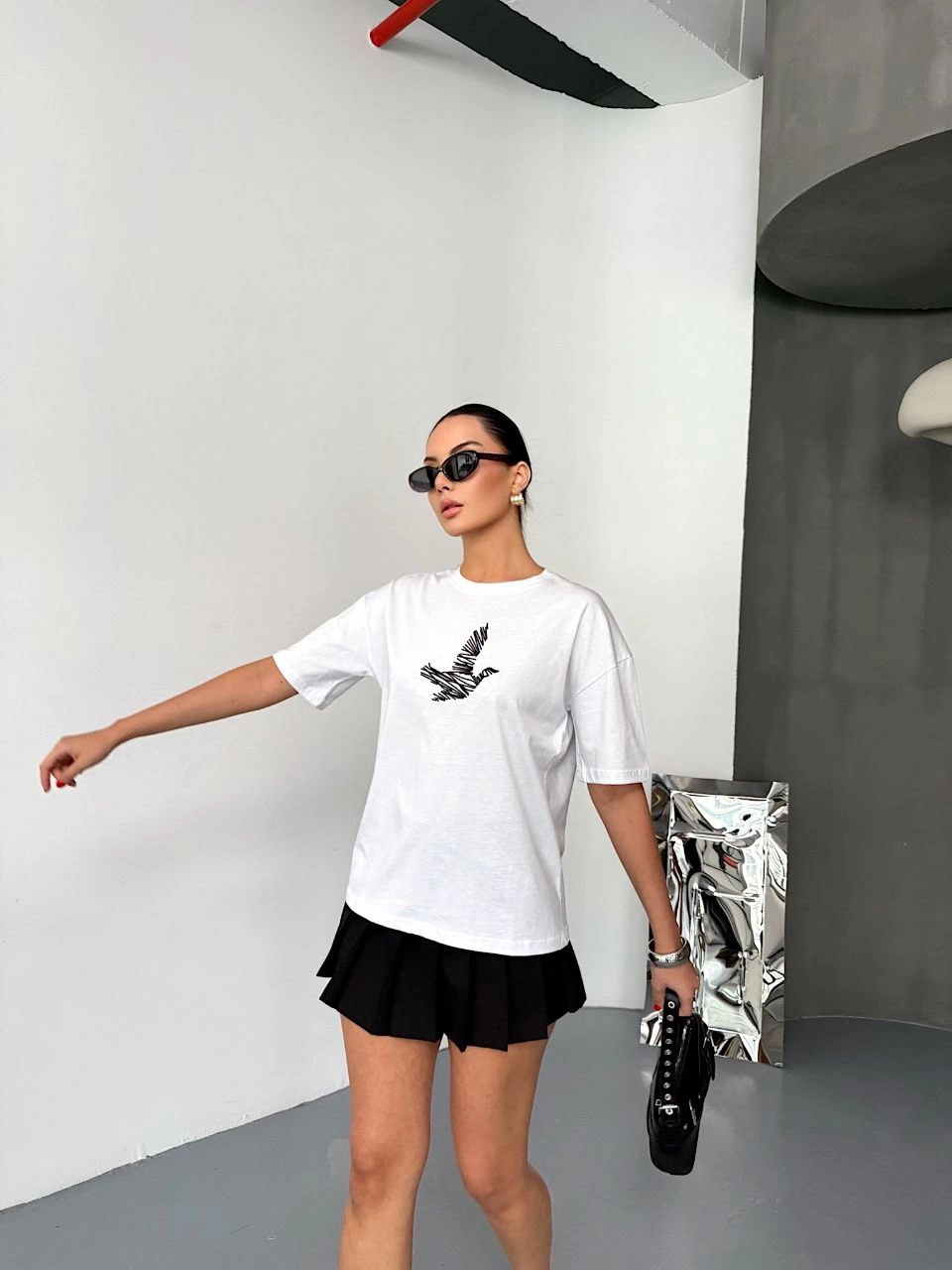 Kadın Kısa Kol Baskılı T-shirt - Beyaz