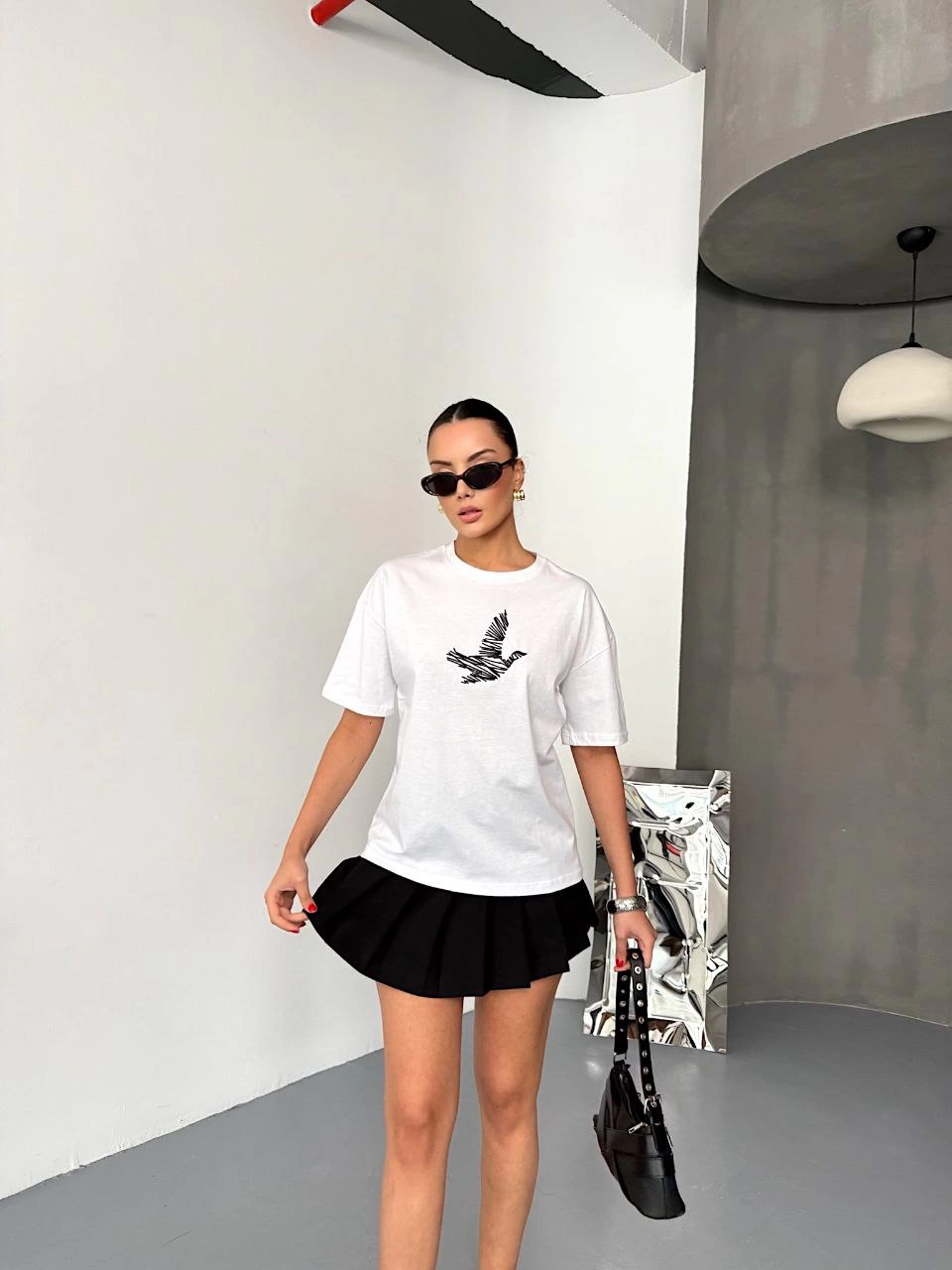 Kadın Kısa Kol Baskılı T-shirt - Beyaz