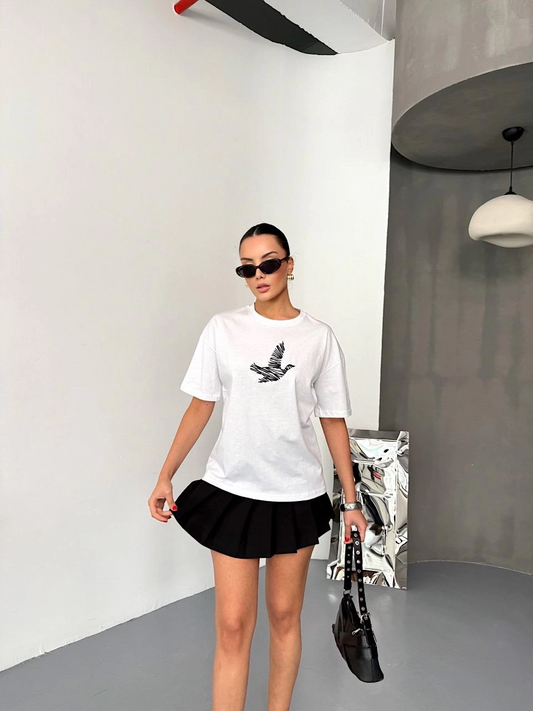 Kadın Kısa Kol Baskılı T-shirt - Beyaz