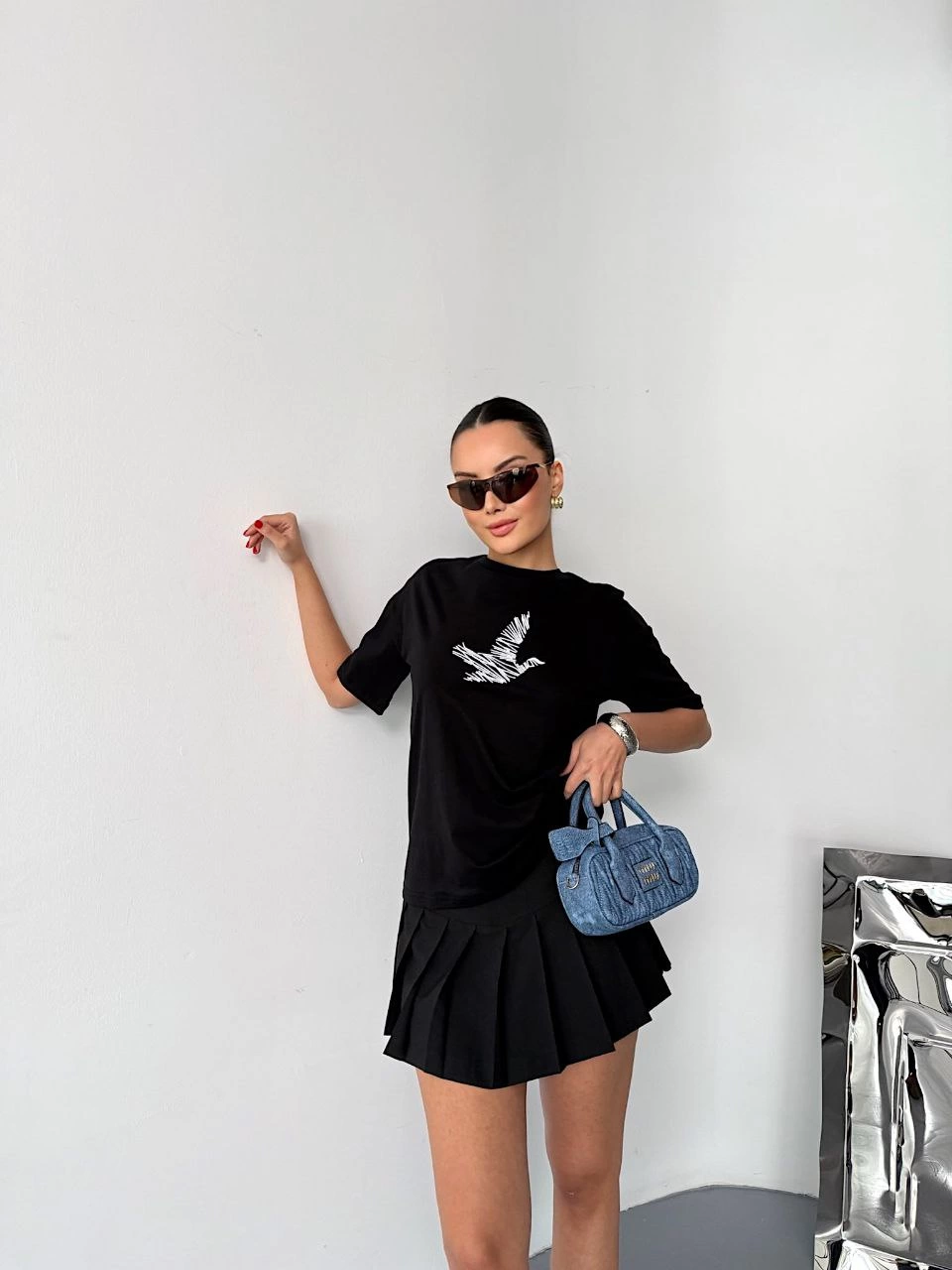 Kadın Kısa Kol Baskılı T-shirt - Siyah