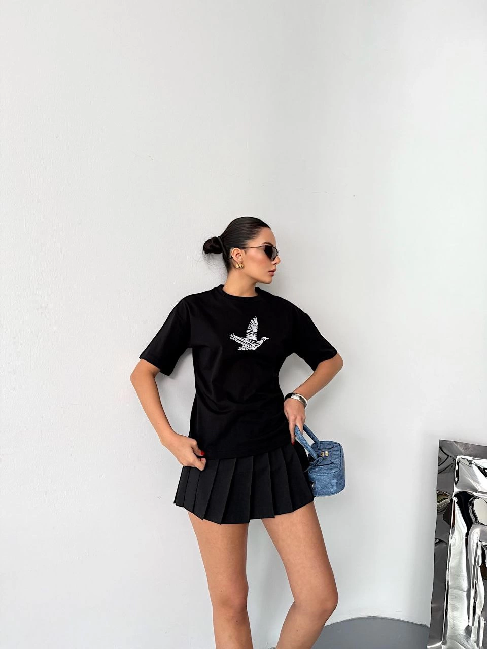 Kadın Kısa Kol Baskılı T-shirt - Siyah