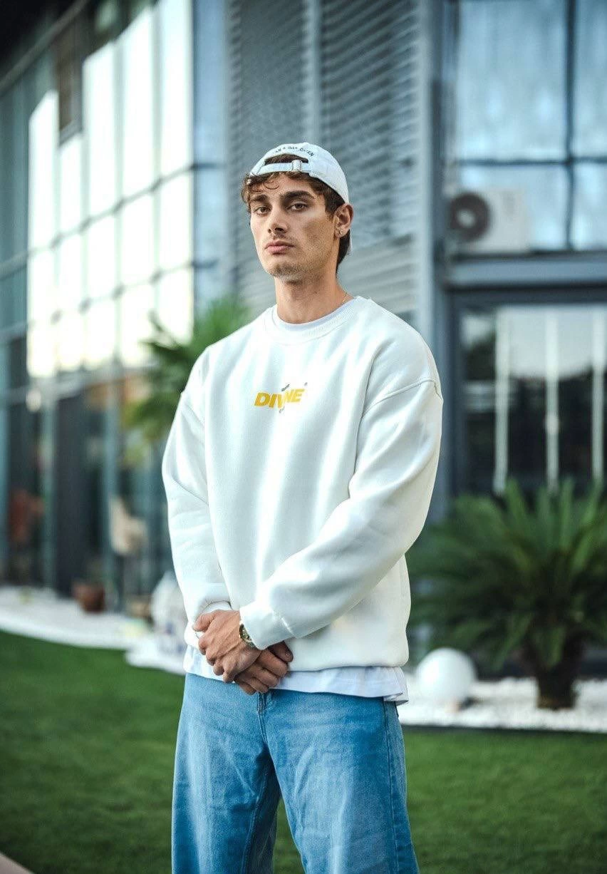 Erkek üç iplik pamuklu Kışlık Bisiklet Yaka Baskılı SweatShirt - Beyaz