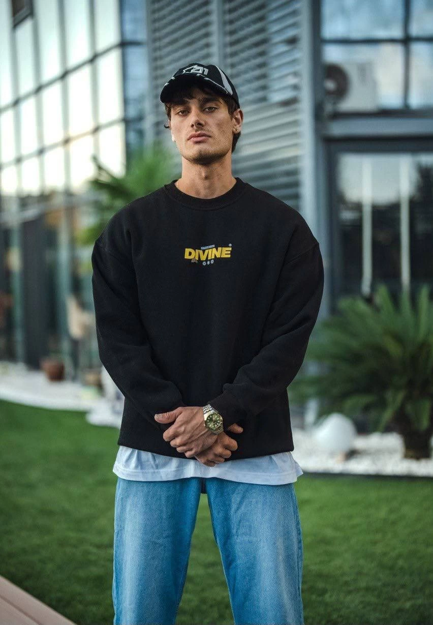 Erkek üç iplik pamuklu Kışlık Bisiklet Yaka Baskılı SweatShirt - Siyah
