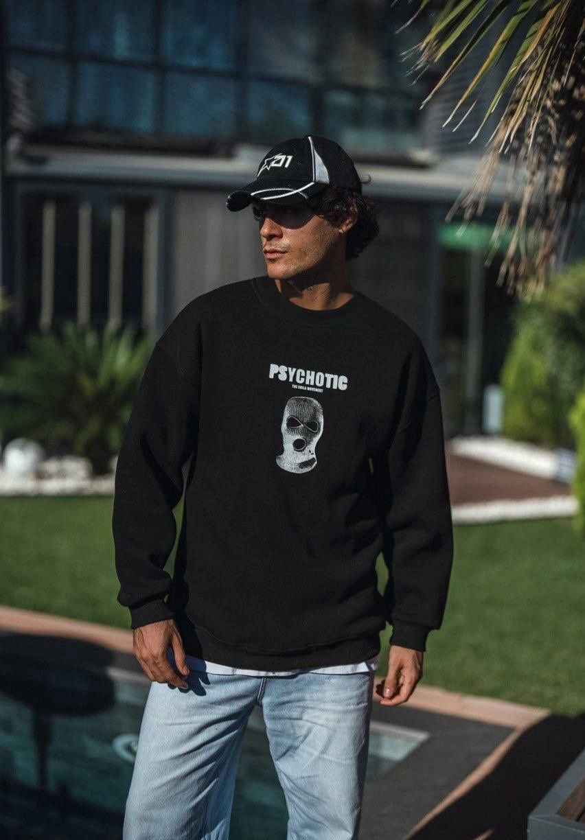 Erkek üç iplik pamuklu Kışlık Bisiklet Yaka Baskılı SweatShirt - Siyah