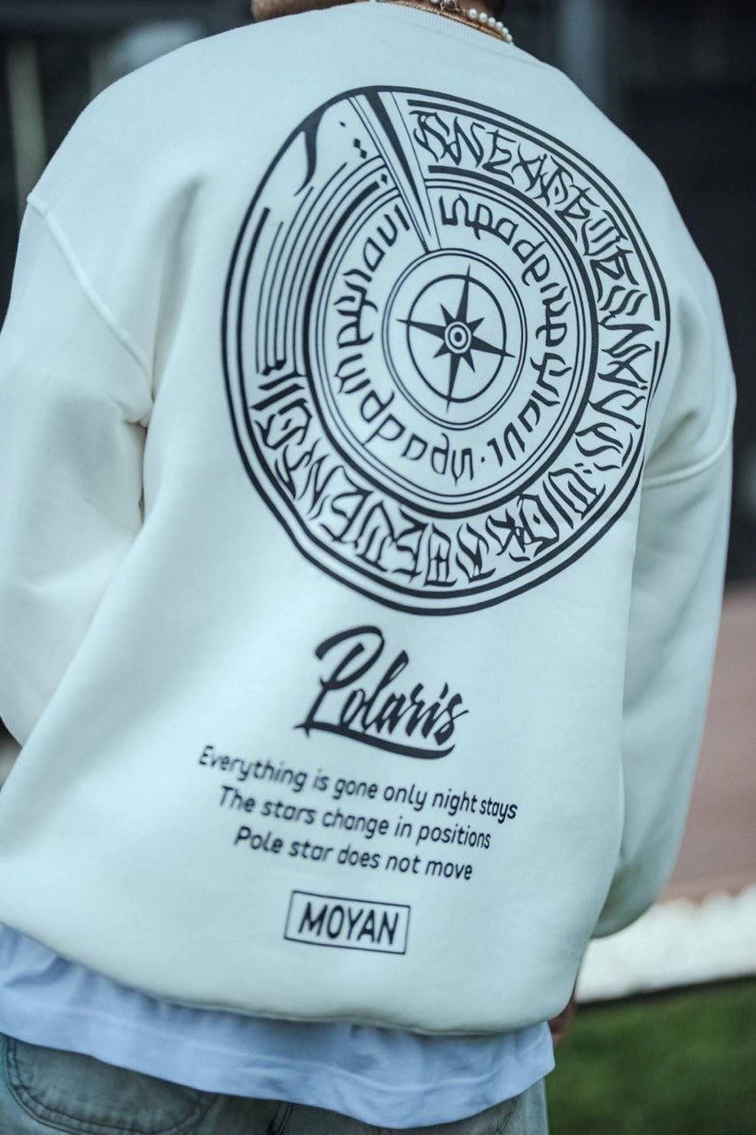 Erkek üç iplik pamuklu Bisiklet Yaka Ön Ve Arka Baskılı SweatShirt - Beyaz