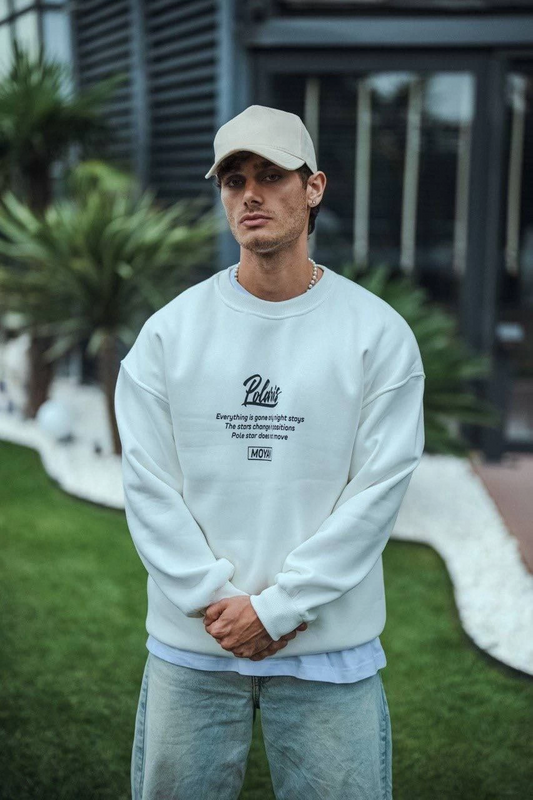Erkek üç iplik pamuklu Bisiklet Yaka Ön Ve Arka Baskılı SweatShirt - Beyaz