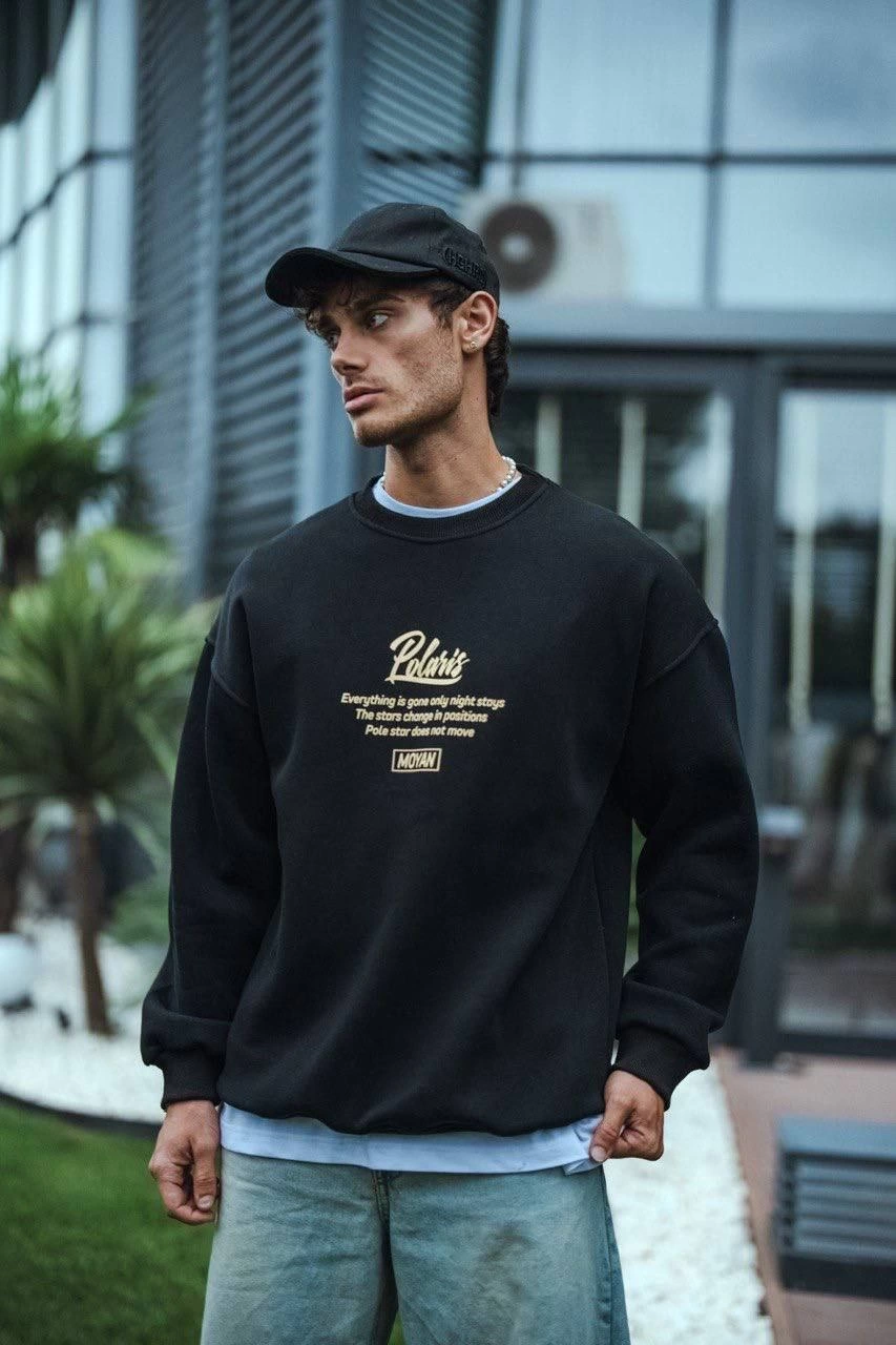 Erkek üç iplik pamuklu Bisiklet Yaka Ön Ve Arka Baskılı SweatShirt - Siyah