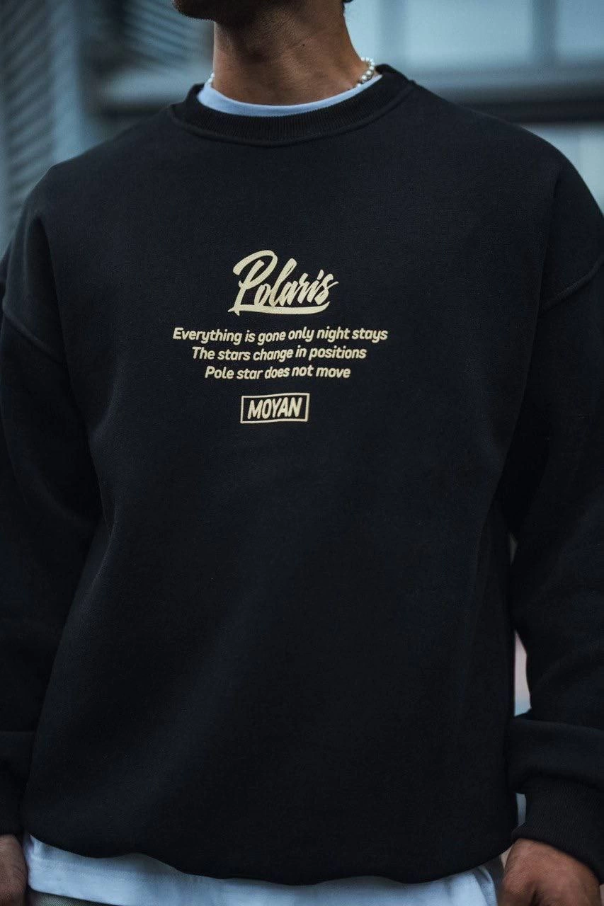 Erkek üç iplik pamuklu Bisiklet Yaka Ön Ve Arka Baskılı SweatShirt - Siyah