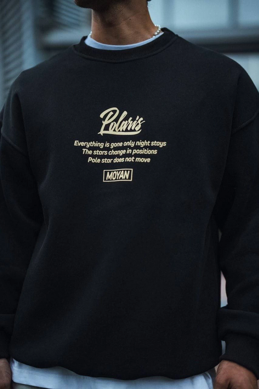 Erkek üç iplik pamuklu Bisiklet Yaka Ön Ve Arka Baskılı SweatShirt - Siyah