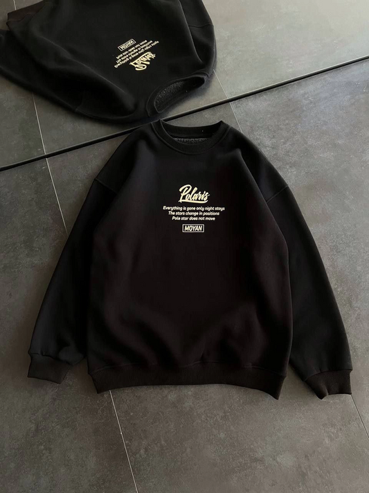 Kadın üç iplik Kışlık Bisiklet Yaka Ön Ve Arka Baskılı SweatShirt - Siyah