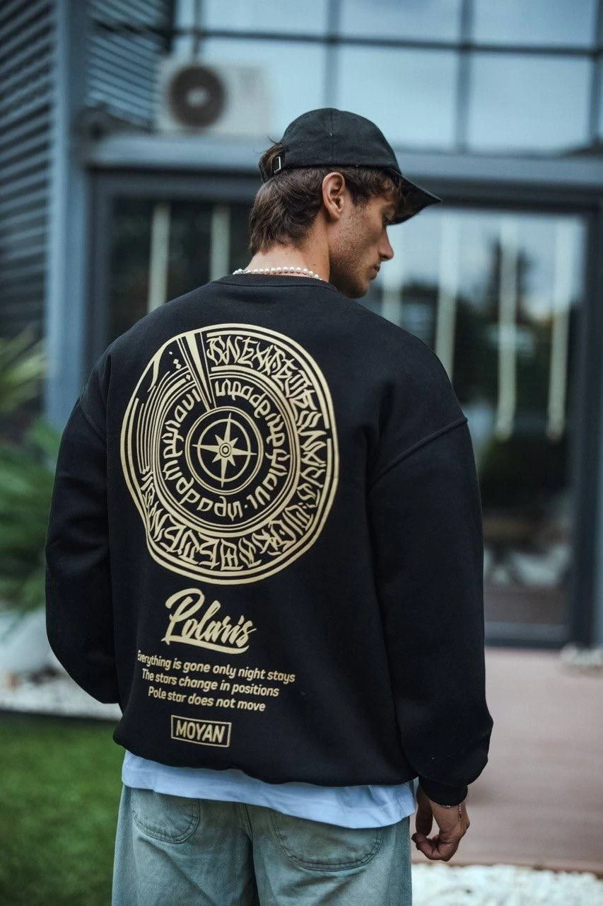 Erkek üç iplik pamuklu Bisiklet Yaka Ön Ve Arka Baskılı SweatShirt - Siyah