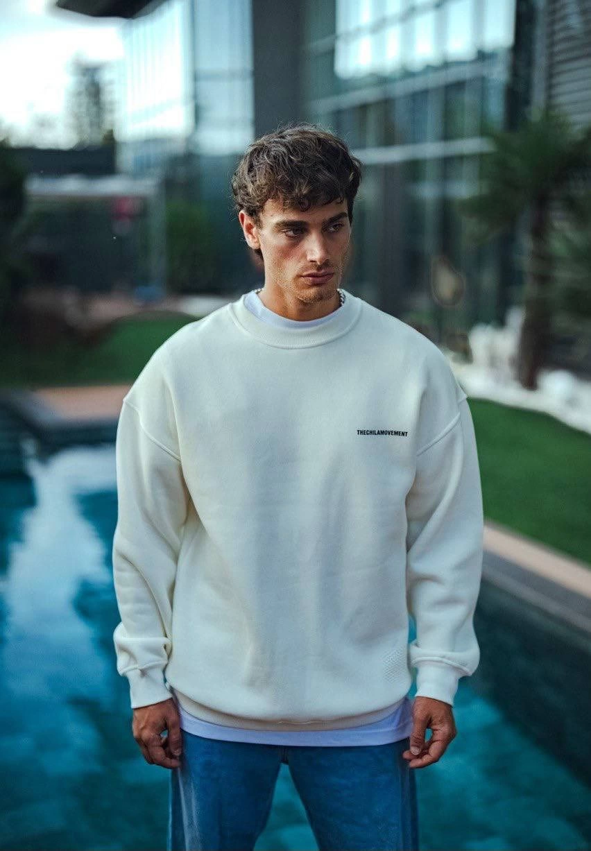 Erkek üç iplik pamuklu Bisiklet Yaka Oversize Baskılı SweatShirt - Beyaz