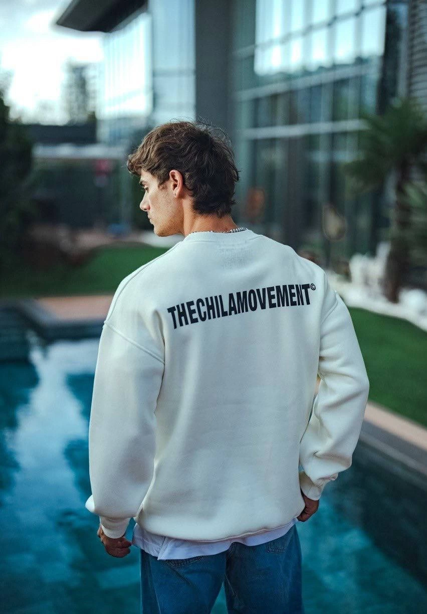 Erkek üç iplik pamuklu Bisiklet Yaka Oversize Baskılı SweatShirt - Beyaz