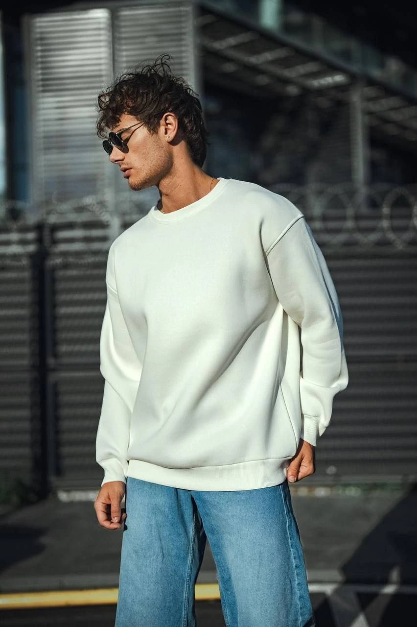Erkek Kışlık Bisiklet Yaka Üç İplik Basic SweatShirt - Beyaz