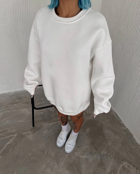 Kadın Kışlık Bisiklet Yaka Üç İplik Basic SweatShirt - Beyaz