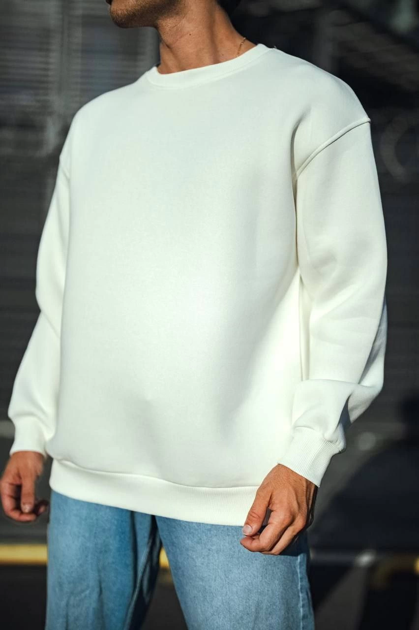 Erkek Kışlık Bisiklet Yaka Üç İplik Basic SweatShirt - Beyaz