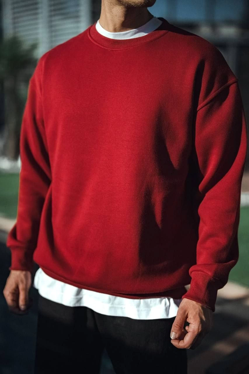 Erkek Kışlık Bisiklet Yaka Üç İplik Basic SweatShirt - Bordo