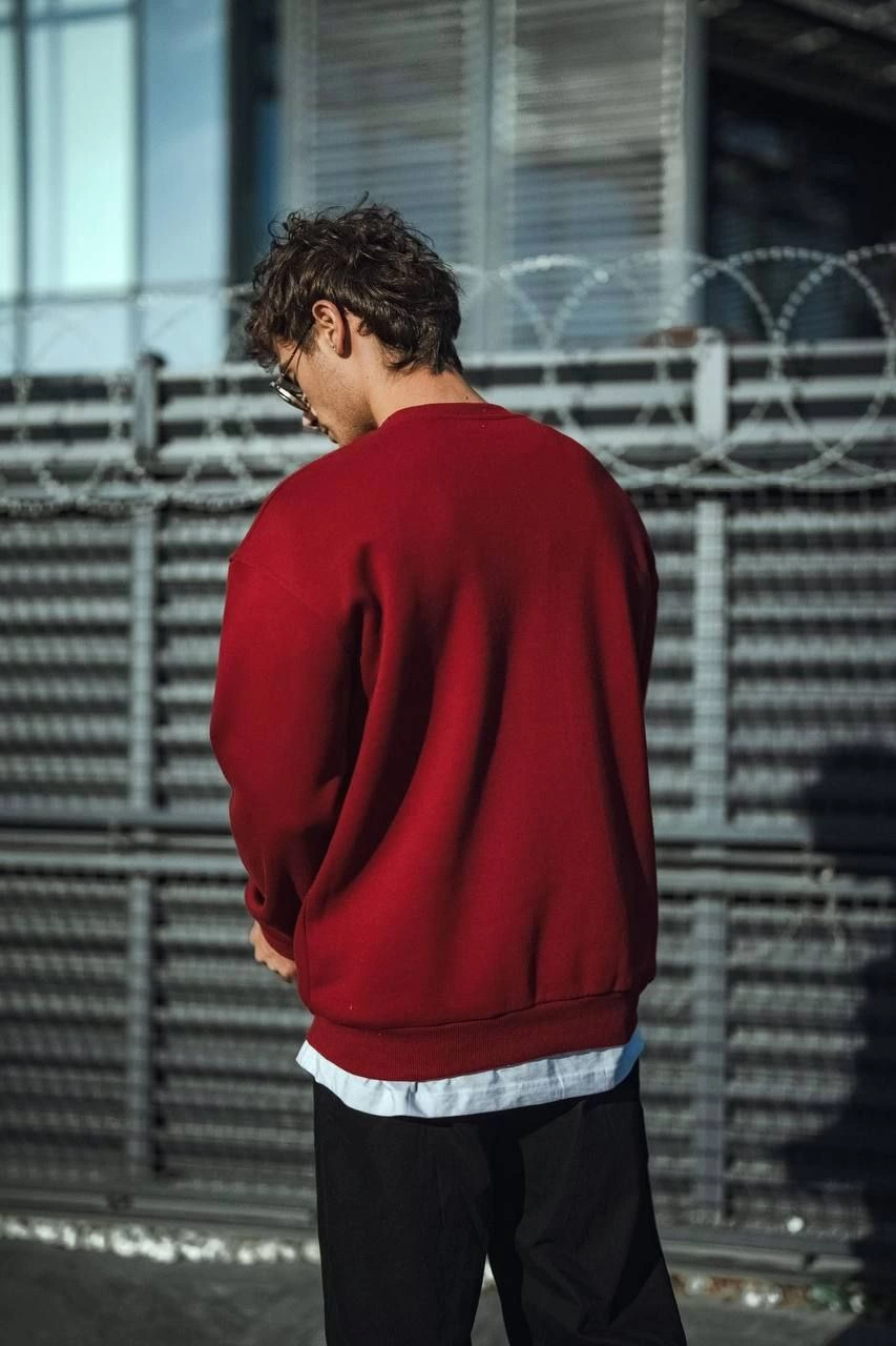 Erkek Kışlık Bisiklet Yaka Üç İplik Basic SweatShirt - Bordo