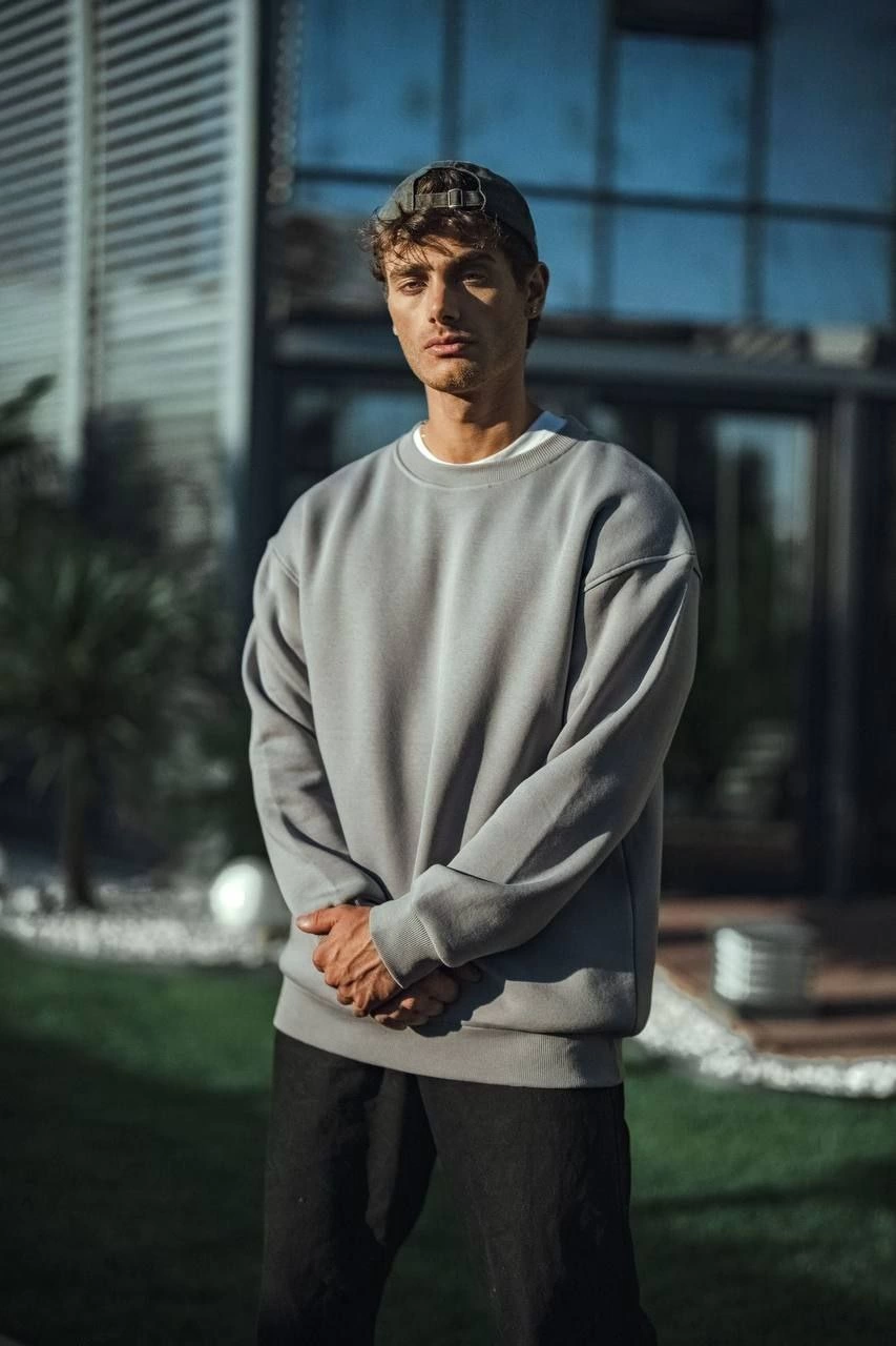 Erkek Kışlık Bisiklet Yaka Üç İplik Basic SweatShirt - Boyalı Gri
