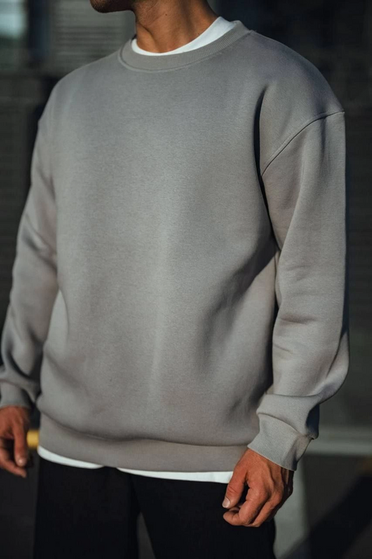 Erkek Kışlık Bisiklet Yaka Üç İplik Basic SweatShirt - Boyalı Gri