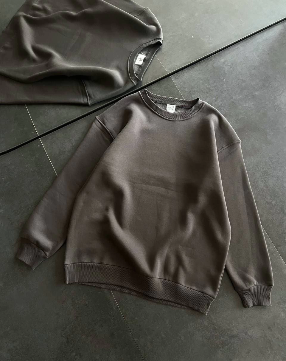 Kadın Kışlık Bisiklet Yaka Üç İplik Basic SweatShirt - Füme