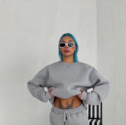 Kadın Kışlık Bisiklet Yaka Üç İplik Basic SweatShirt - Gri