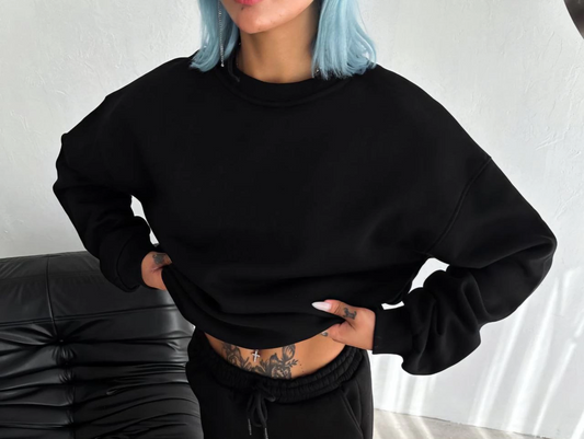 Kadın Kışlık Bisiklet Yaka Üç İplik Basic SweatShirt - Siyah