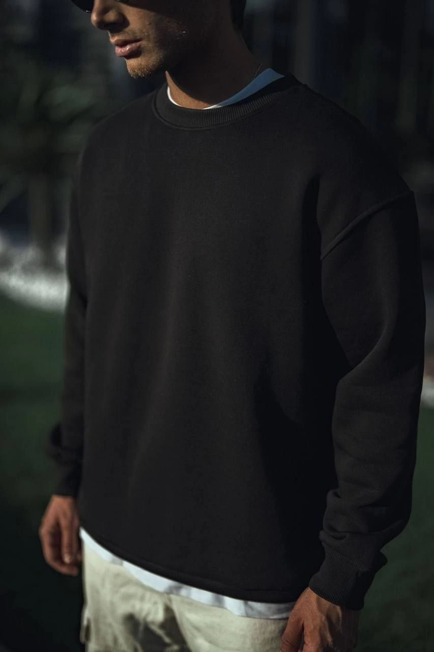 Erkek pamuklu Bisiklet Yaka Üç İplik Basic SweatShirt - Siyah