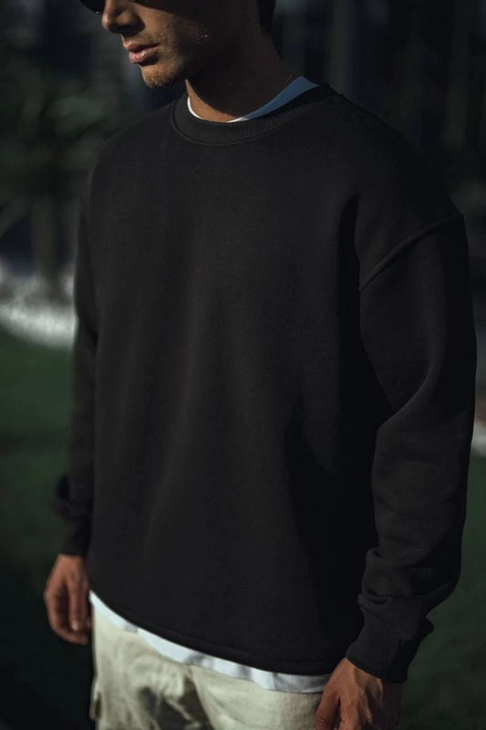 Erkek pamuklu Bisiklet Yaka Üç İplik Basic SweatShirt - Siyah