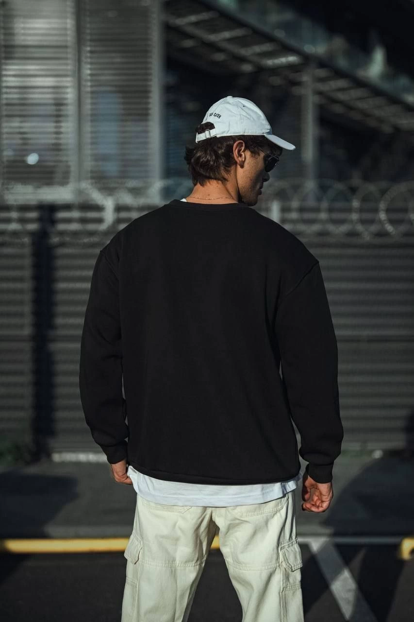 Erkek pamuklu Bisiklet Yaka Üç İplik Basic SweatShirt - Siyah