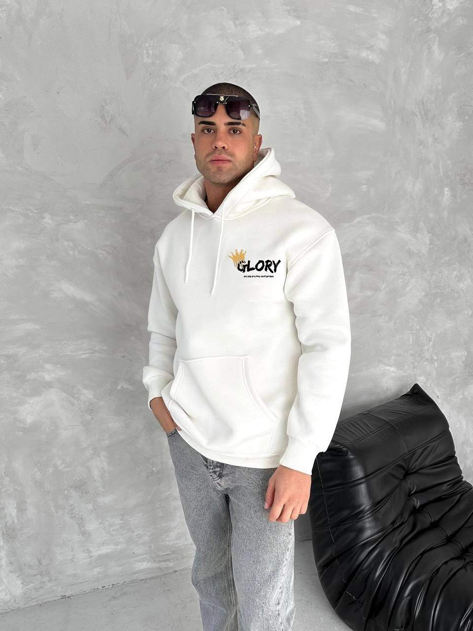 Erkek Kışlık Üç İplik Pamuklu Kapüşonlu SweatShirt - Beyaz